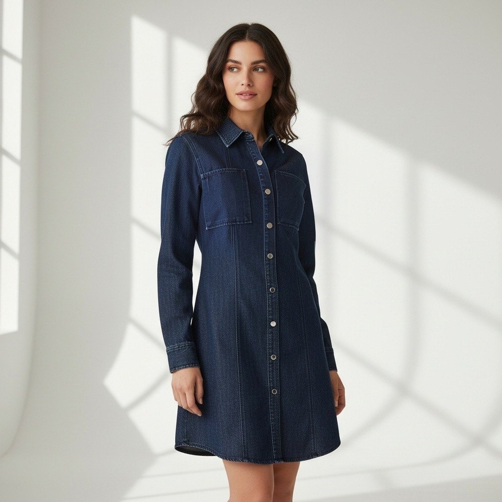 Mare Mare Womens Dark Wash Denim Button Down Mini Dress Blue Petite Small SP